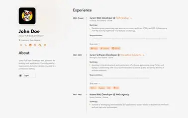 Print-friendly Portfolio CV - Astro portfolio theme that's very well designed, featuring a left-pane summary and a detailed center section.