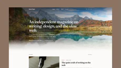 QuietPages - Calm editorial Astro magazine theme with scenic mountain hero and serif italic headlines