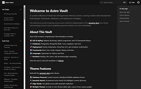 Semantic Docs - Tailwind React Astro documentation template featuring stylish dark theme and dropdown nav items
