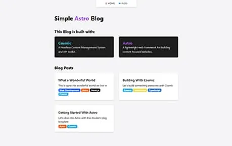 Simple Astro Blog - Tailwind Cosmic Astro blog template providing article grid and article detail pages
