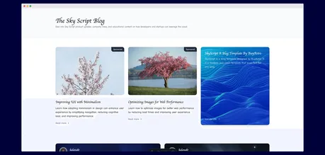 Skyscript - A clean, minimalist blog starter designed for speed and SEO. Built with Astro and Tailwind CSS v4, SkyScript offers headless content management via AstraCMS, dynamic meta tags, Open Graph & Twitter Cards, featured posts, author cards, related posts, newsletter components, and View Transitions. Scores 100 on PageSpeed Insights.