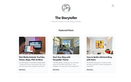 Storyteller - Tailwind Astro blog template featuring simple negative space layout with centered logo nav