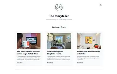 Storyteller - Tailwind Astro blog theme featuring simple negative space layout with centered logo nav