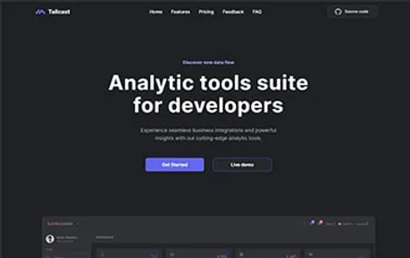 Tailcast - Beautiful Tailwind CSS and React Astro startup theme with an elegant dark mode aesthetic.
