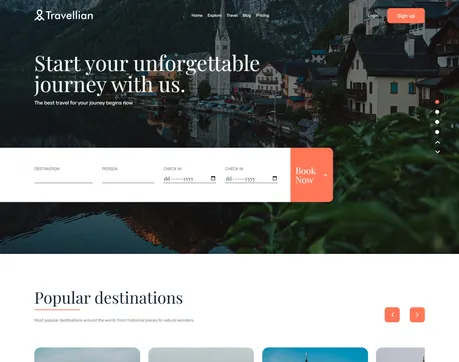 Travellian Travel Agency - Astro travel agency landing page with scenic lakeside hero and booking search bar