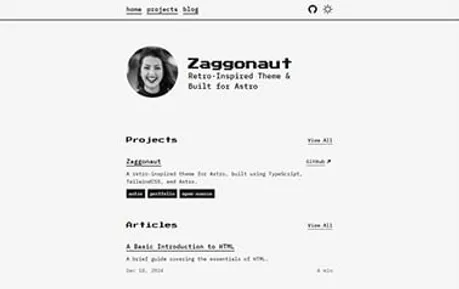 Zaggonaut - Tailwind Astro personal website template featuring gray background and retro inspired fonts