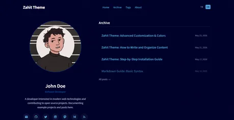 Zahit - Flat minimalist Astro blog theme with dark navy layout and large avatar